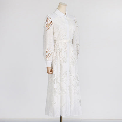 Lapel Long Lantern Sleeve Mid-length With Embroidery Dress