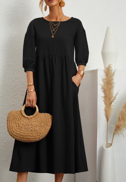 Lantern Sleeve Loose Cotton And Linen Pocket Dress