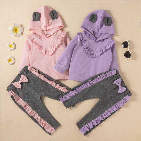 Girls Ruffle Stitching Hooded Sweater Suit