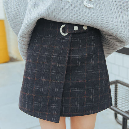 Autumn and winter thickening bag hip hair plaid skirt retro skirt Korean version of the high waist A word skirt