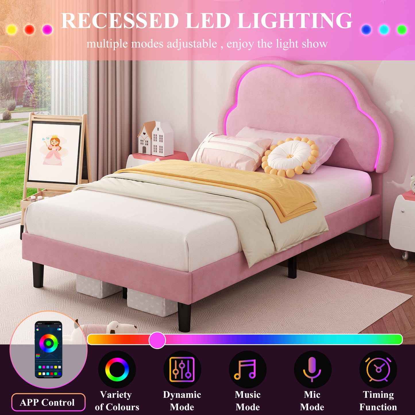3ft Single Upholstered Bed With LED Adjustable Cute Cloud Headboard, Soft Velvet Bed Frame With Solid Wood Slat, No Box Spring Needed, Easy Assembly,