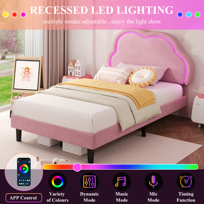 3ft Single Upholstered Bed With LED Adjustable Cute Cloud Headboard, Soft Velvet Bed Frame With Solid Wood Slat, No Box Spring Needed, Easy Assembly,