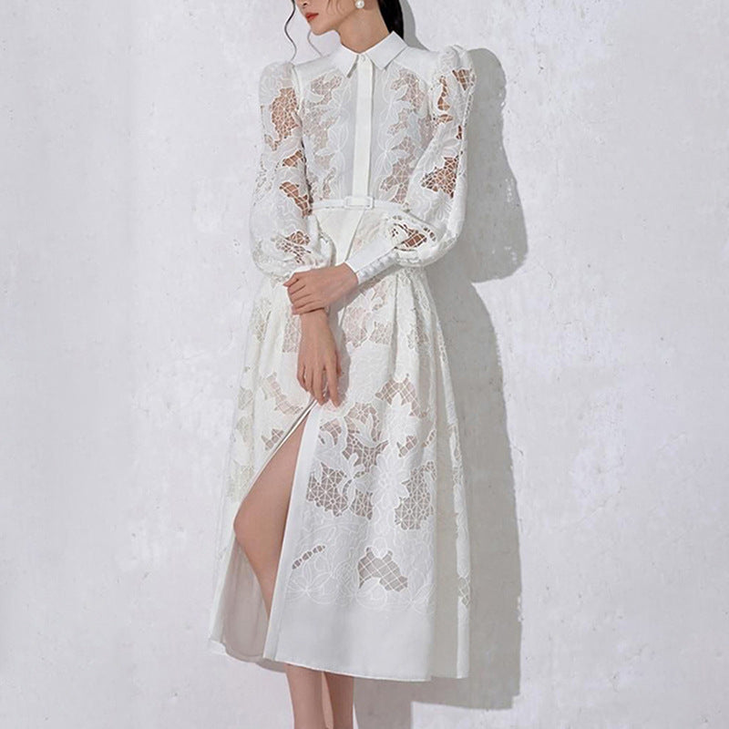 Lapel Long Lantern Sleeve Mid-length With Embroidery Dress