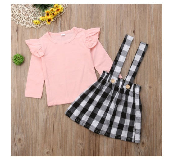 New European And American Foreign Trade Fashion Children's Clothing Long-sleeved Solid Color T-shirt  Strap Dress Two-piece