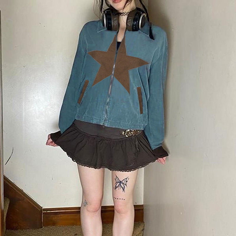 Antique Star Embroidered Color Matching Loose Long Sleeve