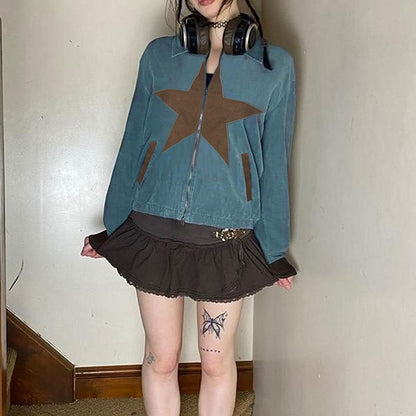 Antique Star Embroidered Color Matching Loose Long Sleeve