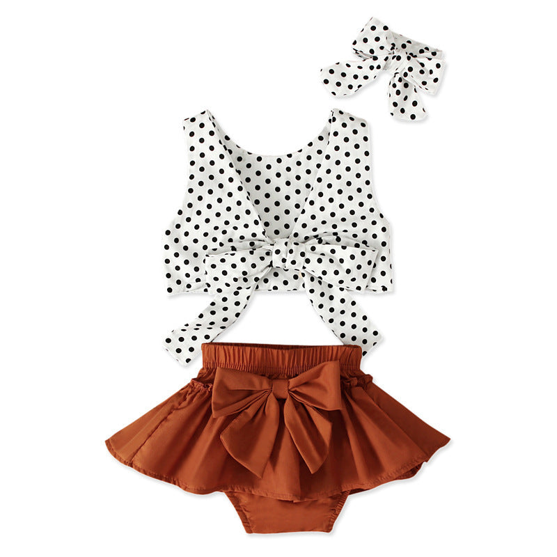 Polka dot top + bow skirt three-piece suit
