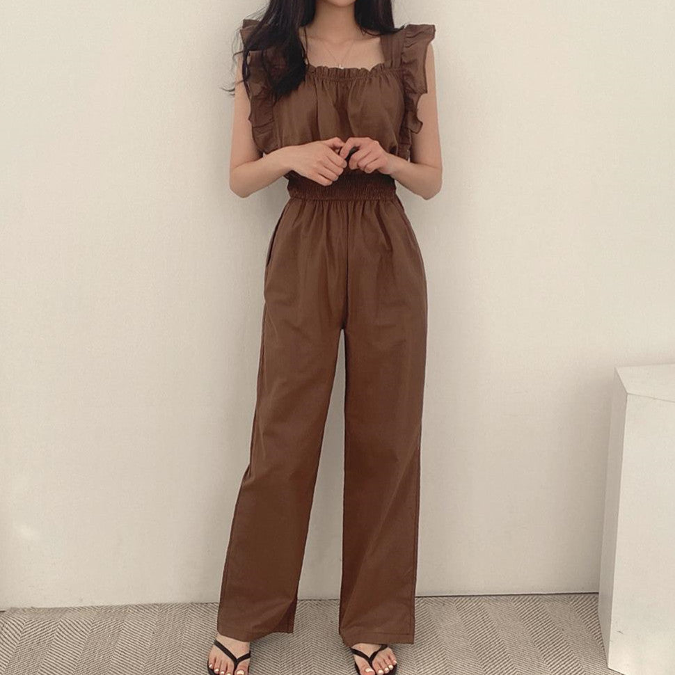 French Retro Square Collar Ruffled Flying Sleeves Elastic And Waisted High Waist Wide Leg Jumpsuit For Women
