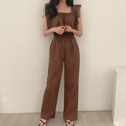 French Retro Square Collar Ruffled Flying Sleeves Elastic And Waisted High Waist Wide Leg Jumpsuit For Women
