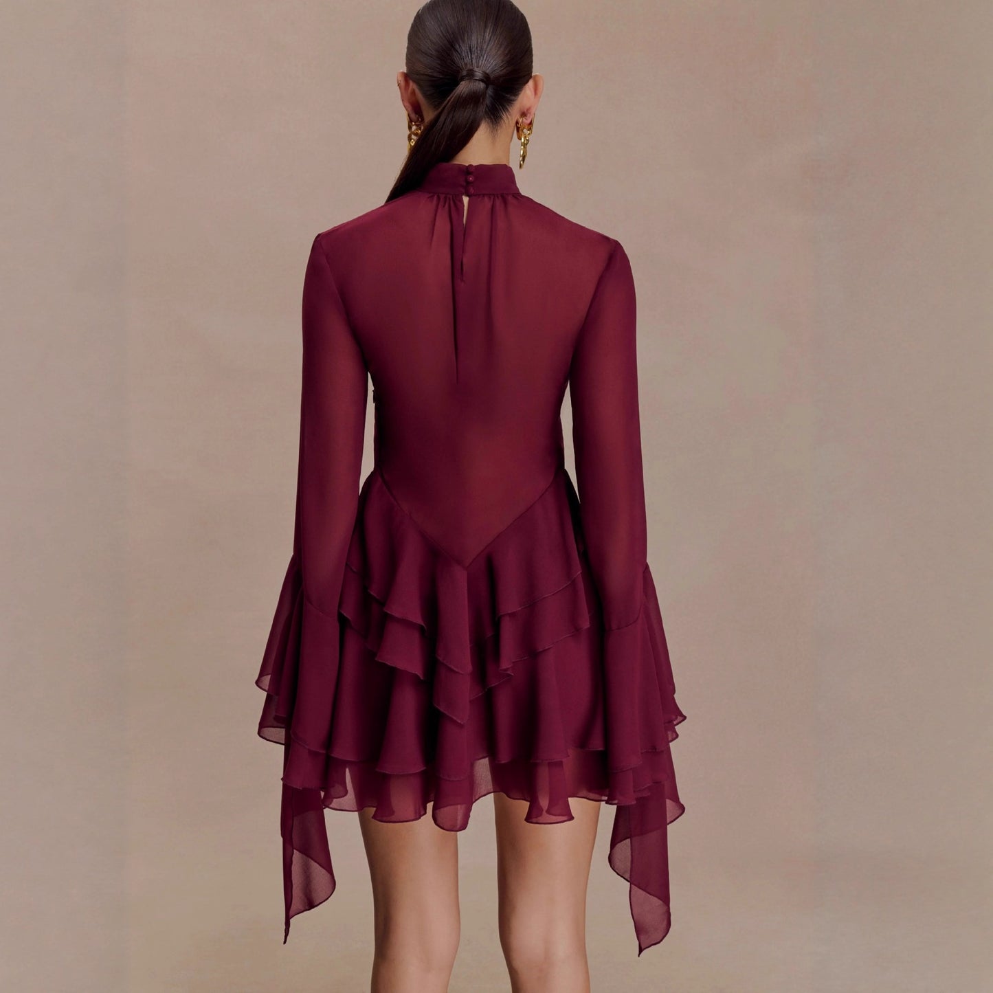 New Elegant Temperament Trumpet Sleeve Sexy Chiffon Dress