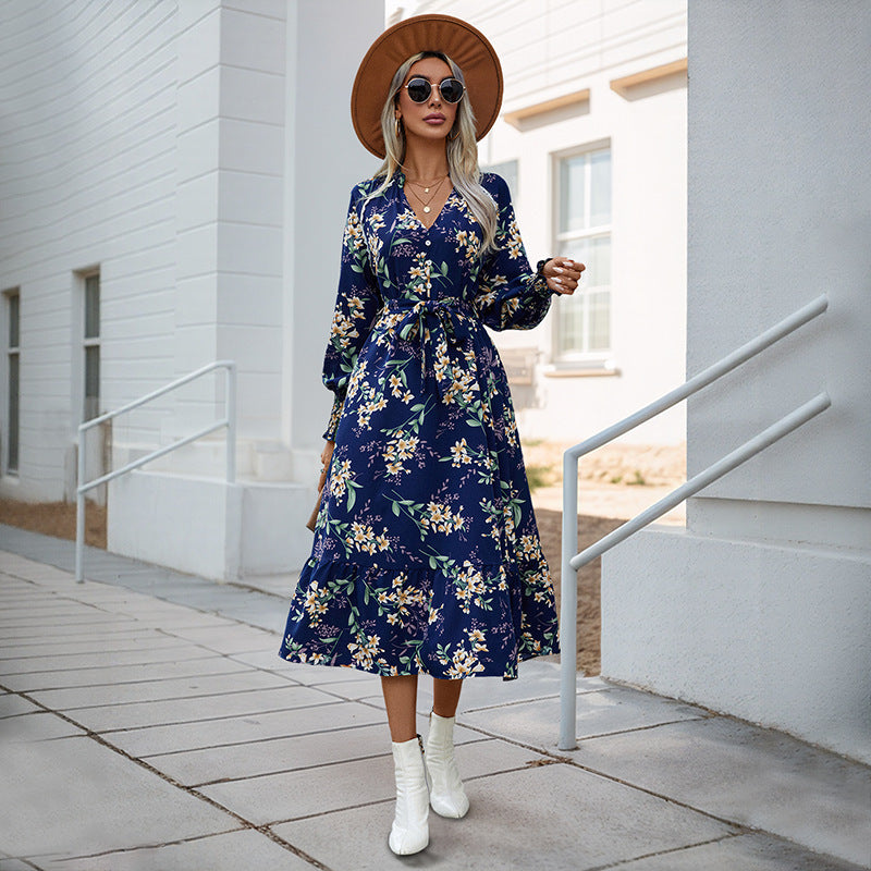 Autumn New European And American Women's Clothing Cross-border Long Sleeve Flower Print Dress