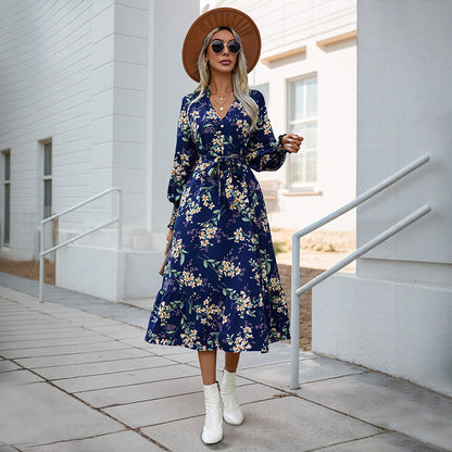 Autumn New European And American Women's Clothing Cross-border Long Sleeve Flower Print Dress