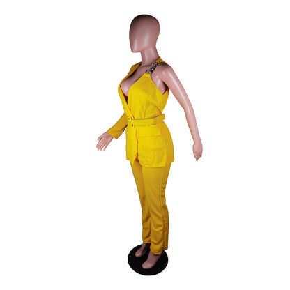 European And American Fashion Invisible Snap Single-side Sleeve Chain Belt Suit Two-piece Suit
