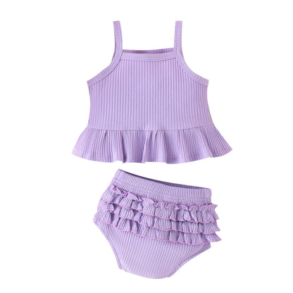 Girls' Fashion Solid Color Suspender Top Triangle Bottom-covering Shorts Two-piece Set