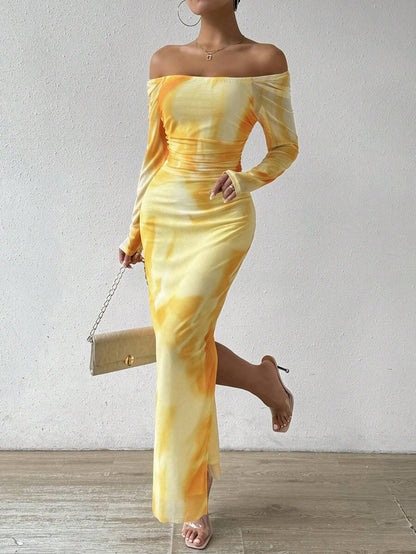 Printed Pleated Sexy Tight Split Square Collar Dress