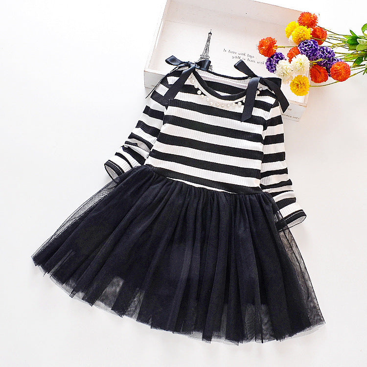 Striped long sleeve patchwork gauze dress