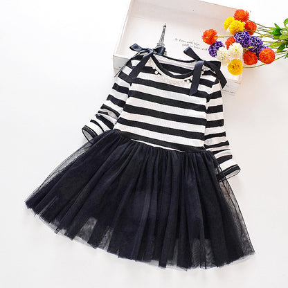Striped long sleeve patchwork gauze dress