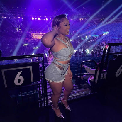 Washed Elastic Denim Casual Vest Shorts Set