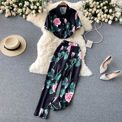 All-match High-waisted Wide-leg Pants Fashionable Two-piece Set
