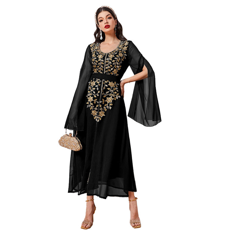 Women's Fashion Embroidery Applique Super Long Sleeve Dress