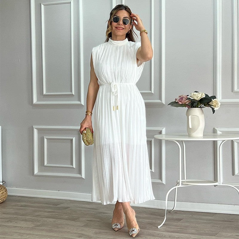Fashionable Simple Half Turtleneck Waist-controlled Lace-up Midi Dress