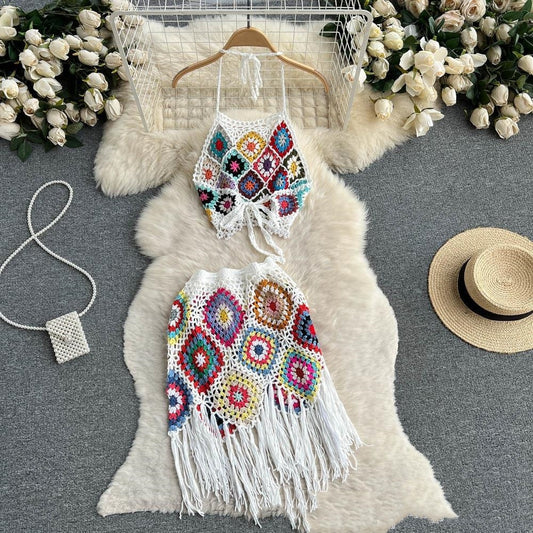 Bohemian Style Knitted Hollow Crocheted Halter Tube Top Short Skirt Two-piece Set