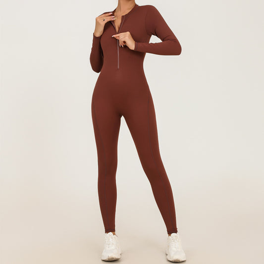 Fitness Exercise Long-sleeve Zipper Nude Feel Yoga Jumpsuit