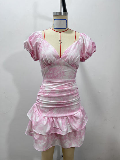 Summer Short Skirt Casual Puff Sleeve Floral