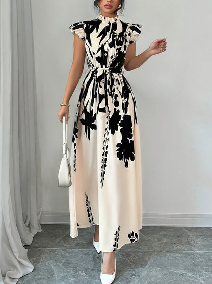 Ethnic Style Printed Small Stand-collar Button-front Long Dress
