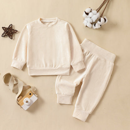 Cross-border New Arrival Infant Trousers Solid Color Rib Fabric Suit