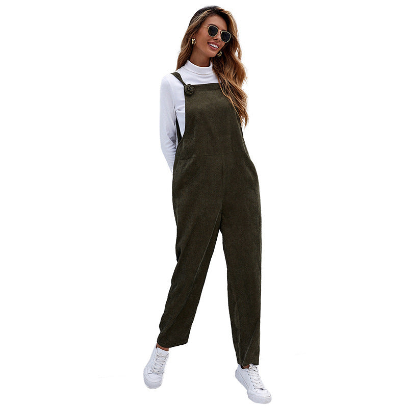 Fall Casual Loose Corduroy Solid Color Strap Ladies Jumpsuit