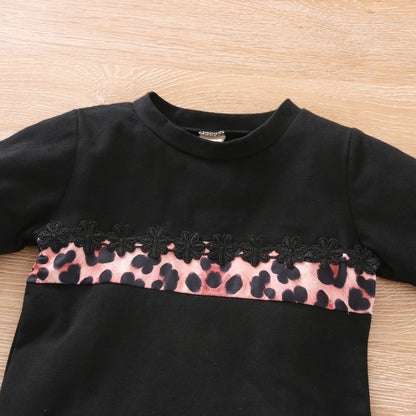 Girls Stitching Long-sleeved T-shirt Leopard Print Flared Pants Suit