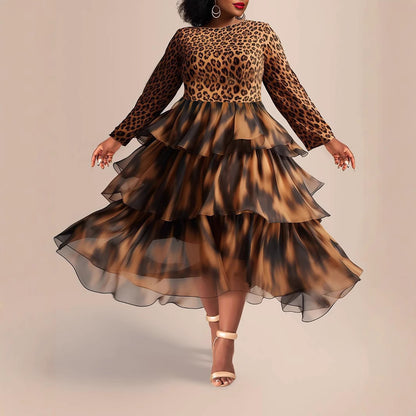 Elegant Leopard Print Cake Dress Plus Size Long Sleeve