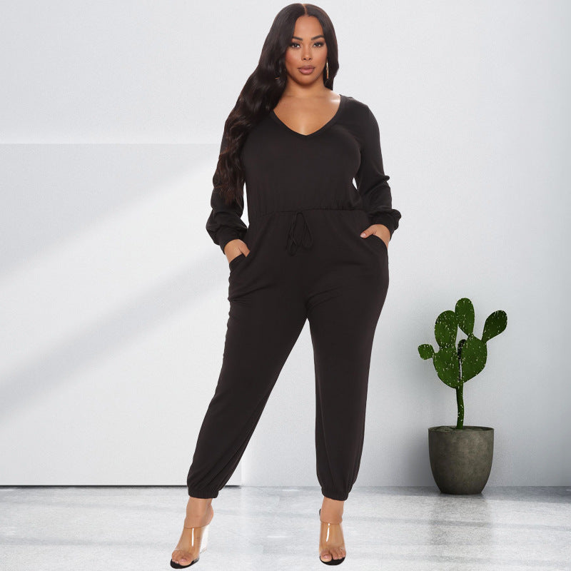 Women's V Neck Back Cutout Long Sleeve Casual Waist Jumpsuit