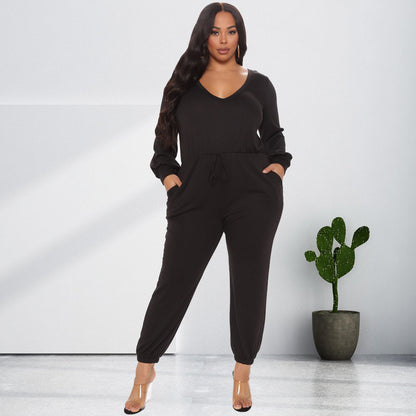 Women's V Neck Back Cutout Long Sleeve Casual Waist Jumpsuit