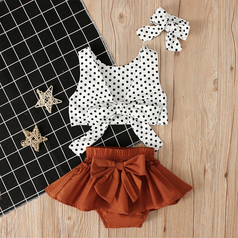 Polka dot top + bow skirt three-piece suit