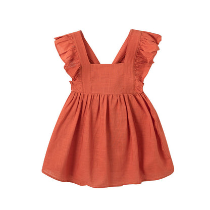Girls' Cotton And Linen Bowknot Wooden Ear Embroidery Dress