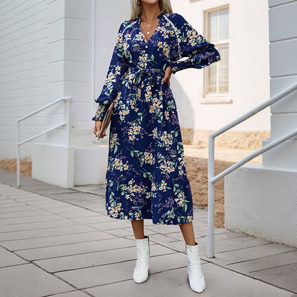 Autumn New European And American Women's Clothing Cross-border Long Sleeve Flower Print Dress