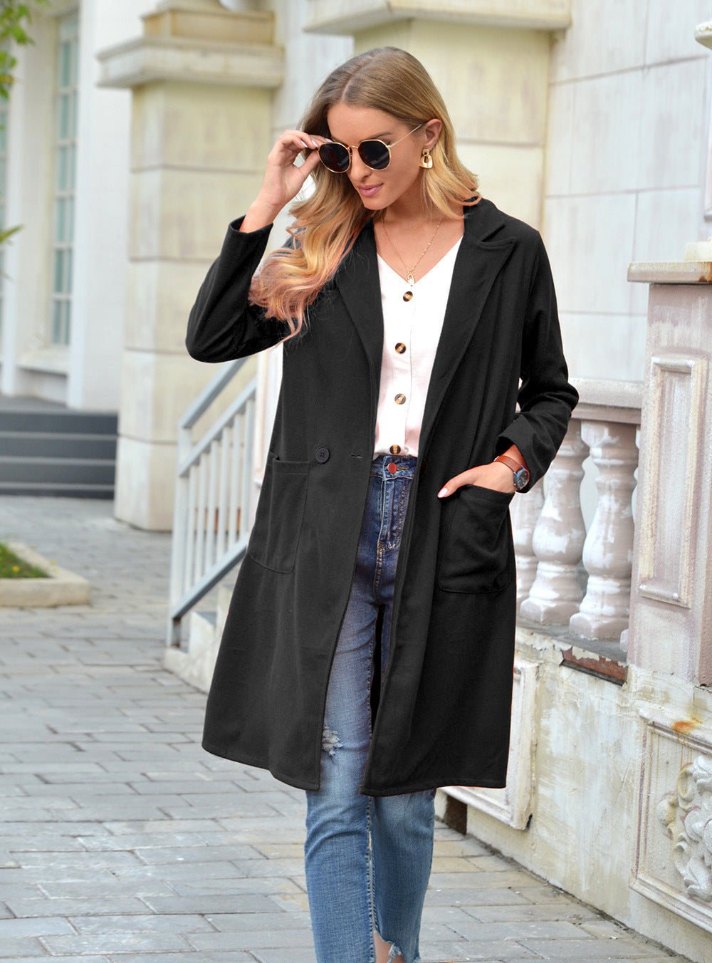 Autumn and winter European station woolen woolen lapel long coat
