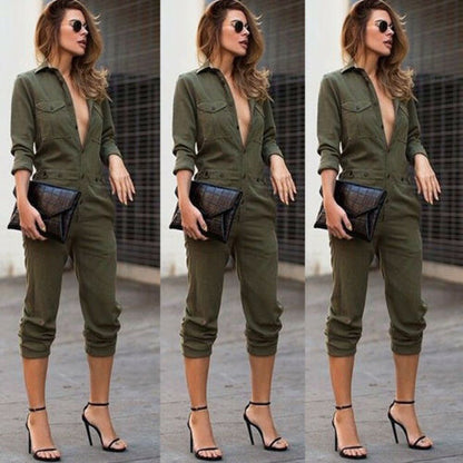 Solid color long sleeve shirt jumpsuit