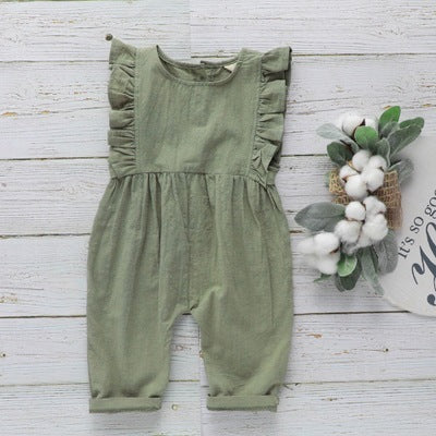 Girls' solid color cotton and linen jumpsuit