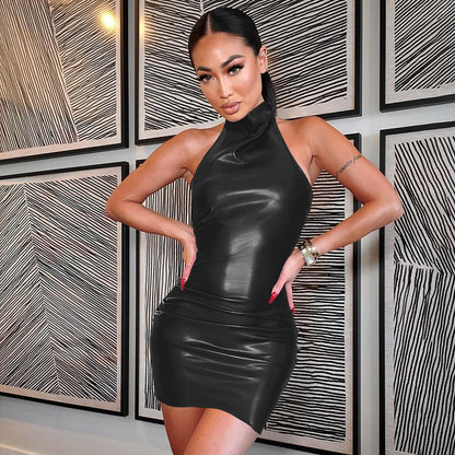 Women's Hip Skirt Leather Backless Halter Dress