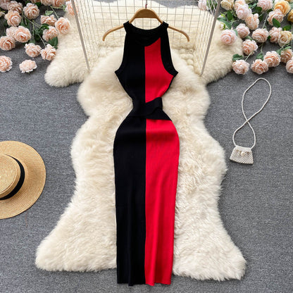Slim Fit Slimming Long Round Neck Sleeveless Dress Color Matching Skinny Sheath Knitted Dress