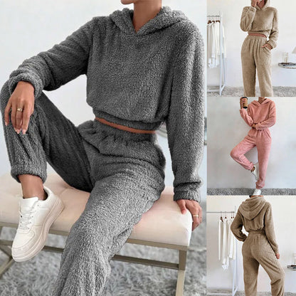 Autumn And Winter Women's Plush Hooded Long Sleeve Casual Suit