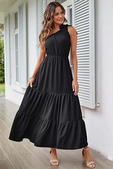 New Women's Solid Color Long Dress Knot One Shoulder Sleeveless Pleated