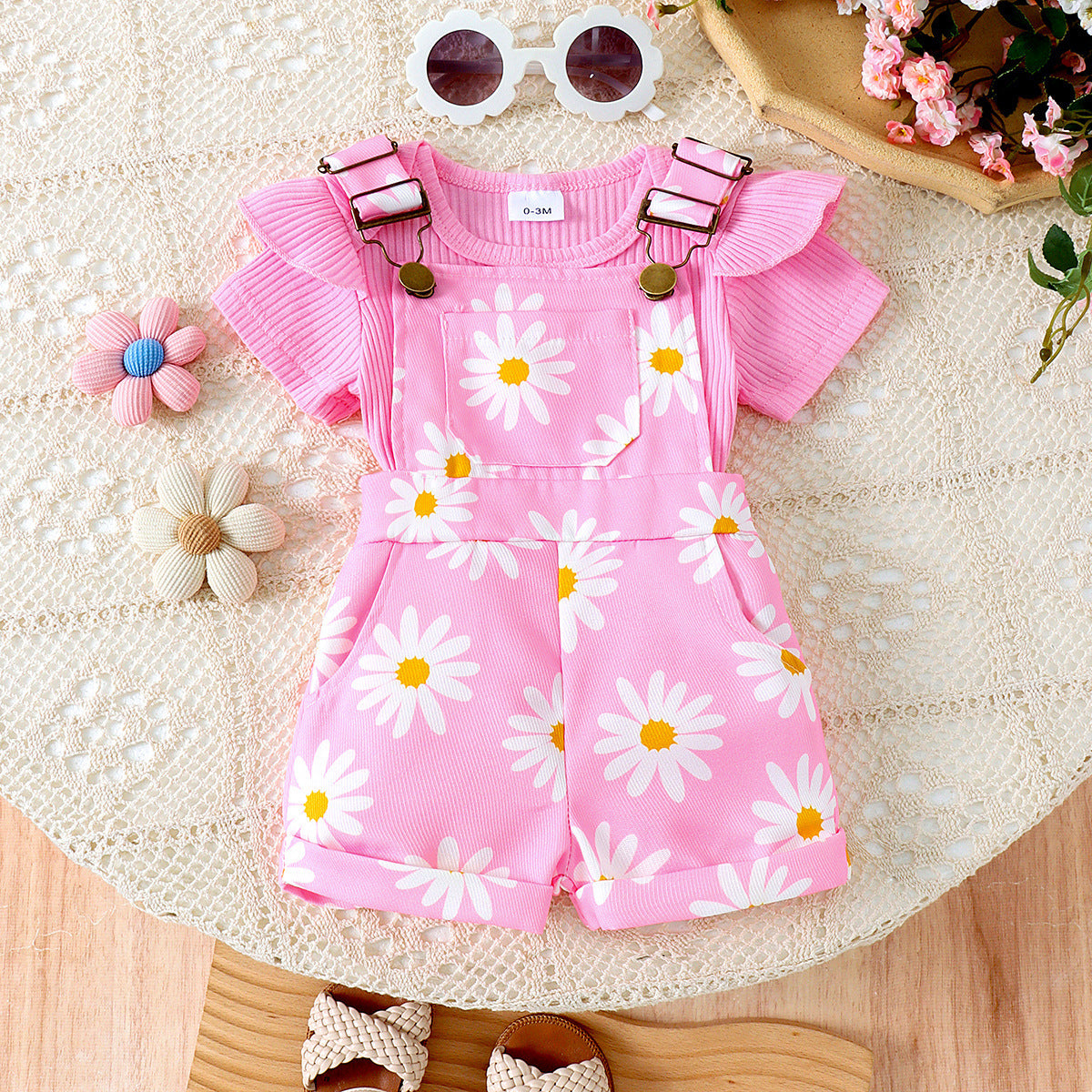 Pullover Romper Flower Print Suspender Pants Two-piece Set