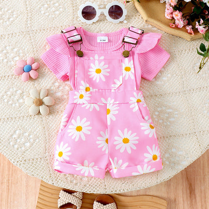 Pullover Romper Flower Print Suspender Pants Two-piece Set
