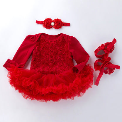 Long sleeve solid color composite rose dress