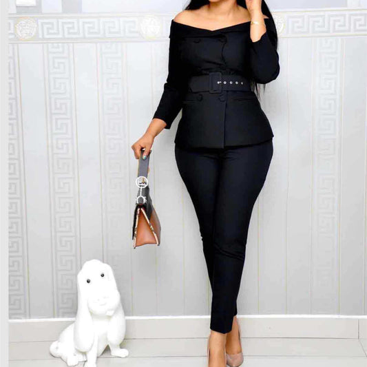 A One-shouldered Cardigan Blouse And Slacks Suit