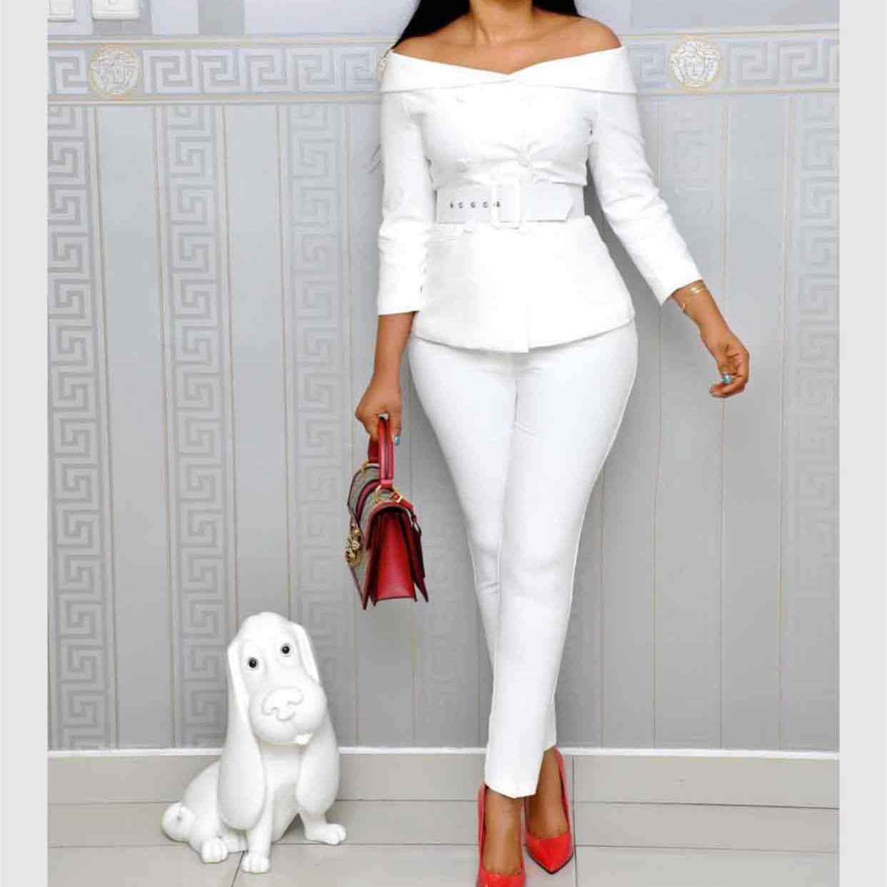 A One-shouldered Cardigan Blouse And Slacks Suit